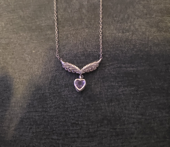 Jewelry - Elegant Silver Winged Amethyst Heart Necklace.